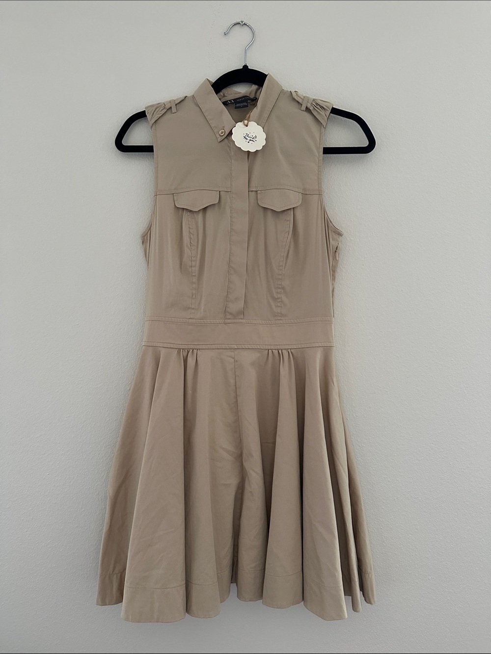 Armani Exchange Sleeveless Beige Shirtwaist Dress with Flared Skirt